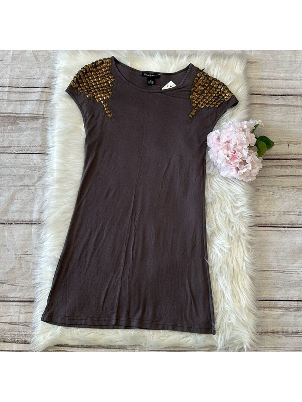 Brown Jersey Dress with Gold Accents